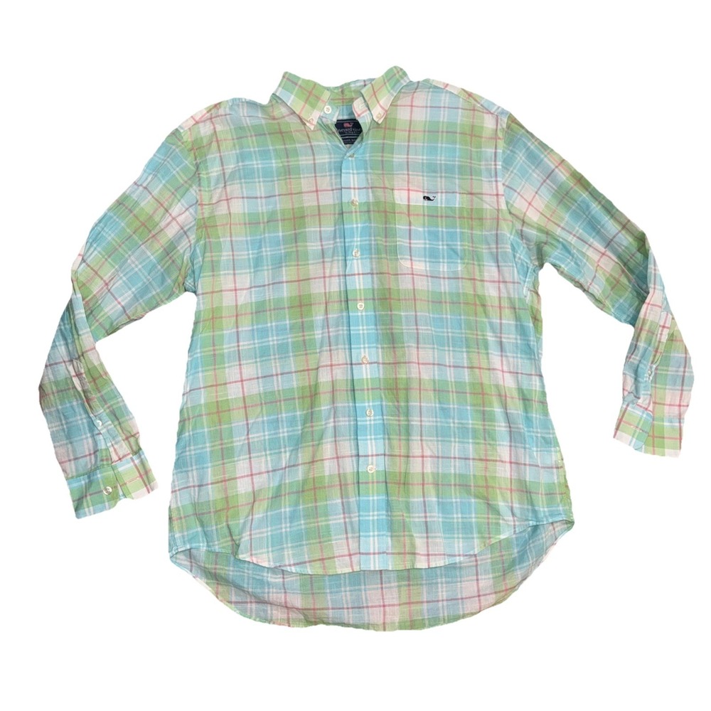 Vineyard Vines Tucker Shirt Men's Large Blue Green Plaid Cotton Button Up